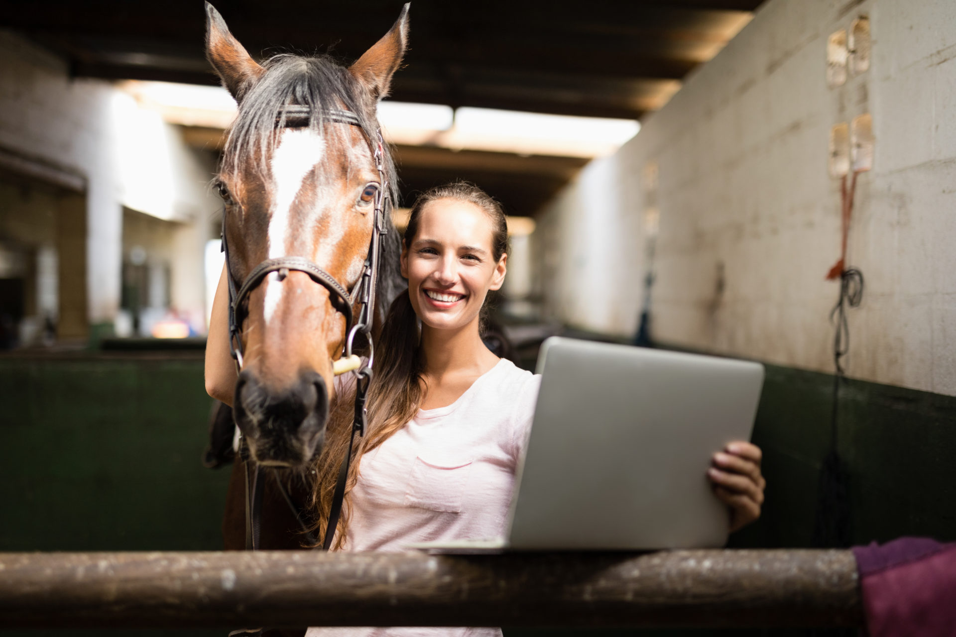 What will I learn from the course? Photograph of a lady with a laptop computer and horse